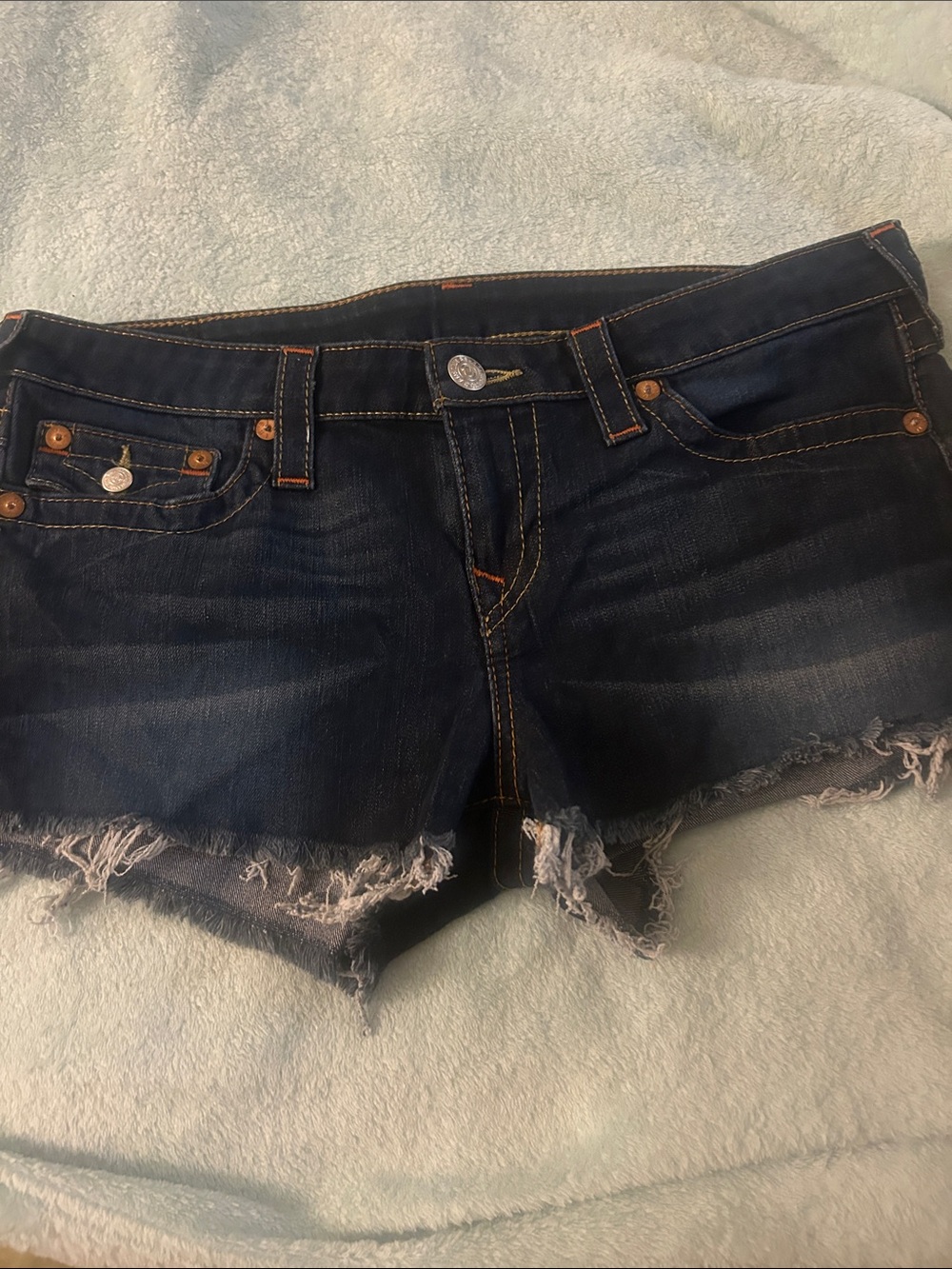 True Religion Dark Indigo Frayed Hem Denim Shorts